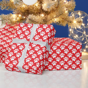Kleines Hundetaten-Druckmuster in Weiß und Rot Geschenkpapier