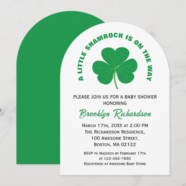 Kleines irisches Kleeblatt, Weiß- und Grüne Babydu Einladung (Vorne/Hinten)