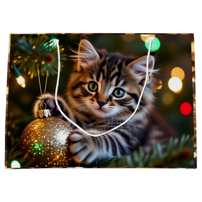 Kleines Kätzchen am Weihnachtsbaum   Große Geschenktüte (Vorderseite)