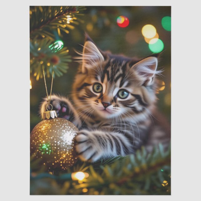 Kleines Kätzchen am Weihnachtsbaum   Seidenpapier (Vorderseite)