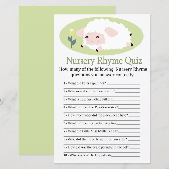 Kleines Lamm-Kinderzimmer Rhyme Quiz Babyduschensp (Vorne/Hinten)