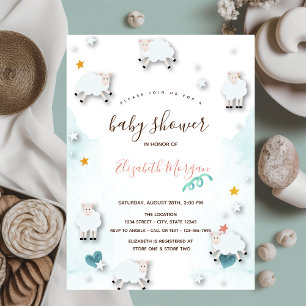 Kleines Lamm Schäfchen Wolken Sterne Baby Shower Einladung