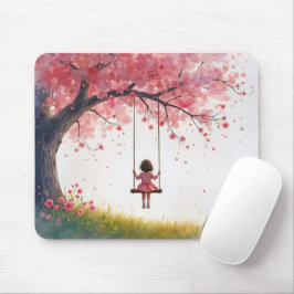 Kleines Mädchen auf einem Kirschbaumschwung Mousepad