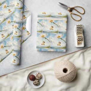 Kleines Mädchen auf einer Gänseblümchenschaukel Geschenkpapier