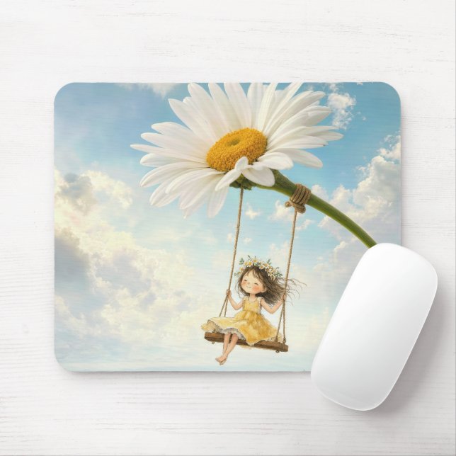 Kleines Mädchen auf einer Gänseblümchenschaukel Mousepad (Mit Mouse)