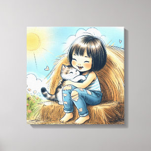 Kleines Mädchen auf Hay Bale Leinwanddruck
