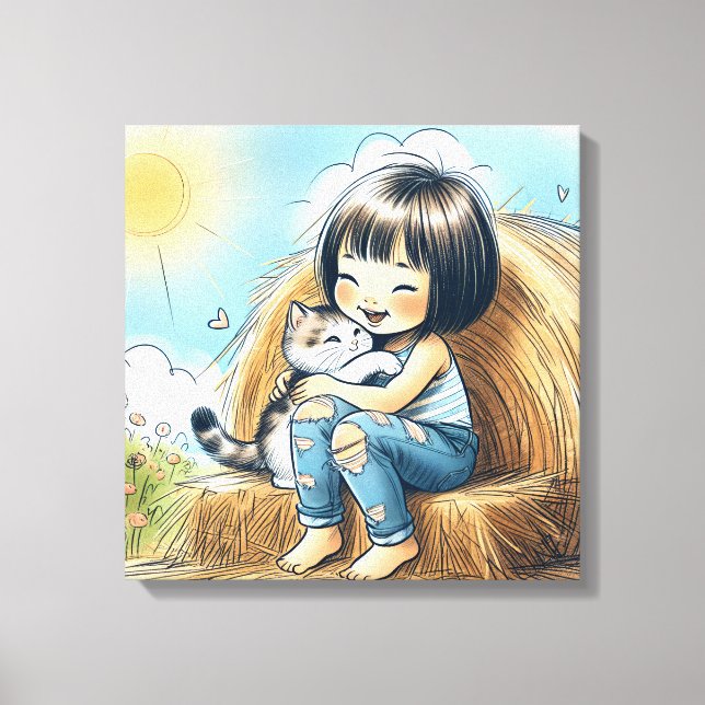 Kleines Mädchen auf Hay Bale Leinwanddruck (Vorderseite)