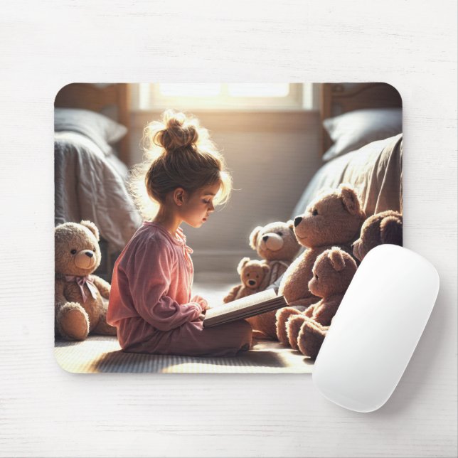 Kleines Mädchen beim Lesen von Teddybären Mousepad (Mit Mouse)
