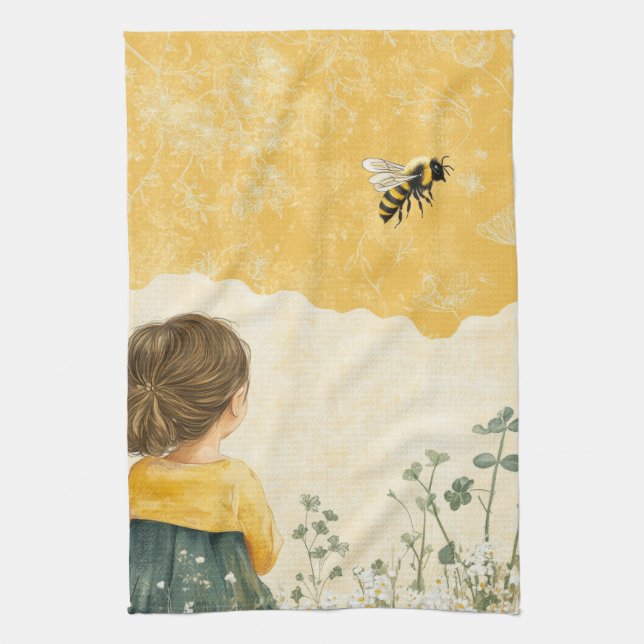 Kleines Mädchen beobachtet eine Hummel Geschirrtuch (Vertikal)