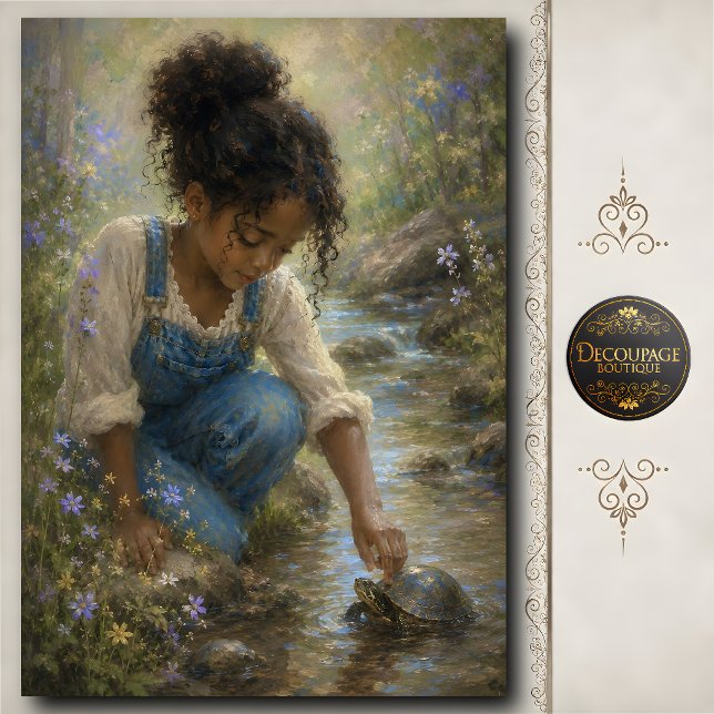 Kleines Mädchen berührt Schildkröte am Bach Seidenpapier (Little Girl Touching Turtle by Creek Tissue Paper)