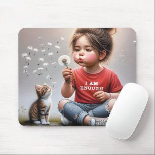 Kleines Mädchen blühende Lüster mit Kätzchen Mousepad