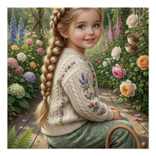 Kleines Mädchen Blumenkorb Wald Frühling Natur Fle Poster