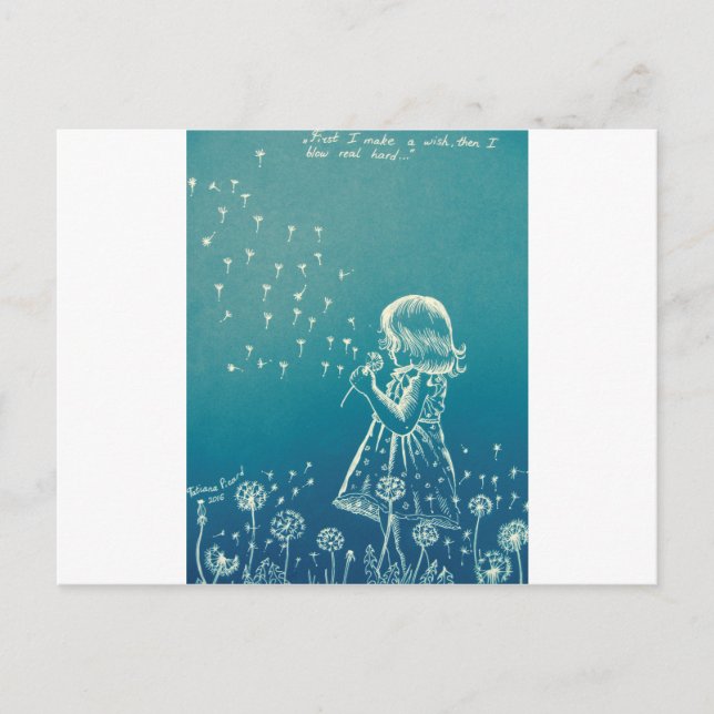 Kleines Mädchen, das auf einen Löwenzahn bläst Postkarte (Vorderseite)