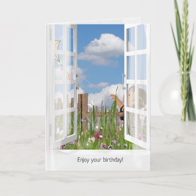 Kleines Mädchen, das einen Drachen in der Fenstera Karte (Vorderseite)