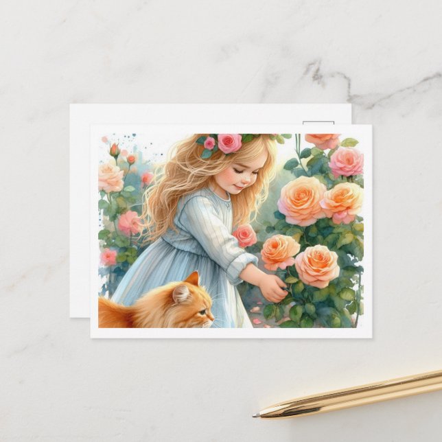 Kleines Mädchen, das Rose pflückt mit Ingwer Cat Postkarte (Vorderseite/Rückseite Beispiel)