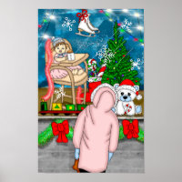 Kleines Mädchen durch ein Weihnachtsfenster schaue