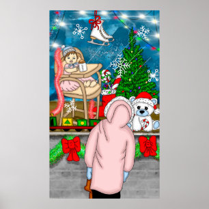Kleines Mädchen durch ein Weihnachtsfenster schaue Poster