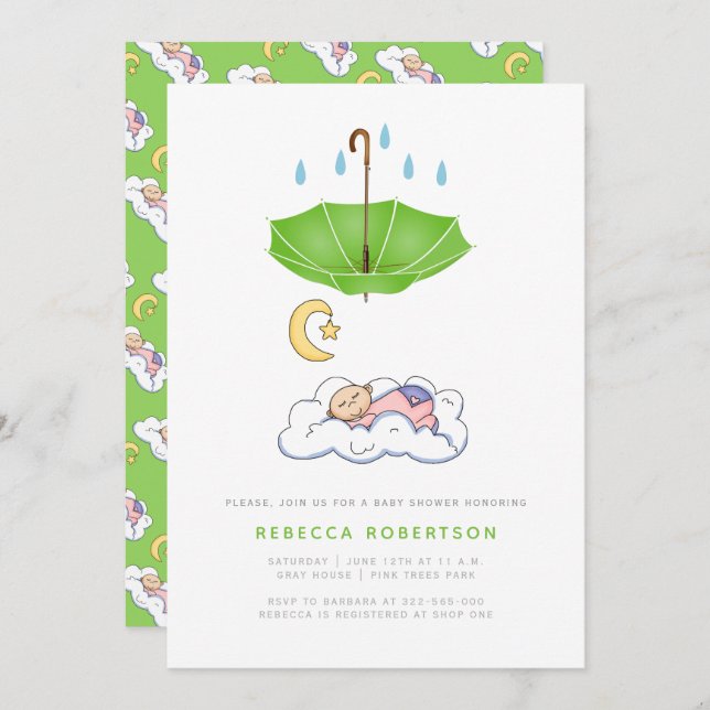 Kleines Mädchen Dusche grüner Regenschirm Einladung (Vorne/Hinten)