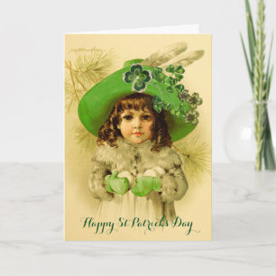 Kleines Mädchen, grüne Mütze, Kleeblätter, St. Pat Karte