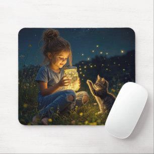 Kleines Mädchen hält ein Glas mit Glühwürmchen Mousepad