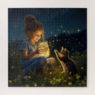 Kleines Mädchen hält ein Glas mit Glühwürmchen Puzzle
