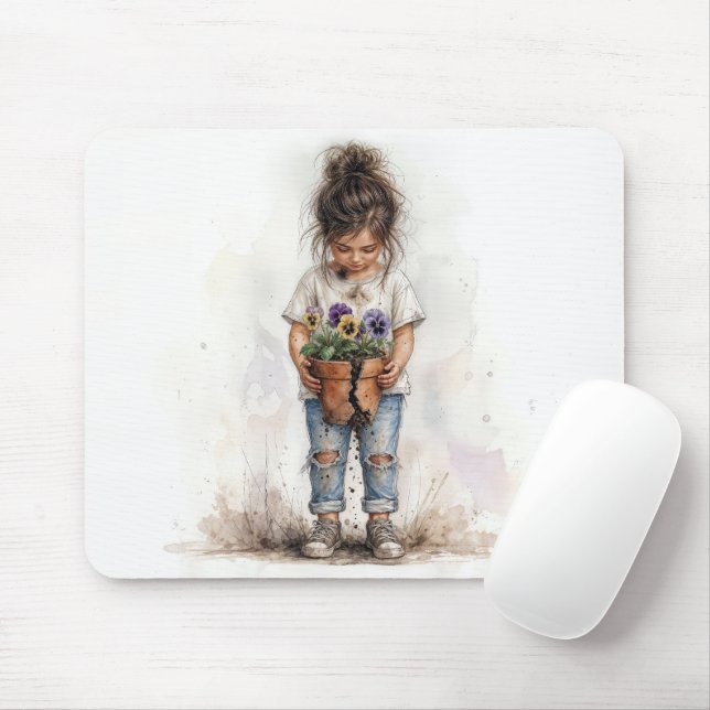 Kleines Mädchen hält einen zerbrochenen Blumentopf Mousepad (Mit Mouse)