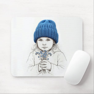 Kleines Mädchen in blauer Mütze mit Vergissmeinnic Mousepad