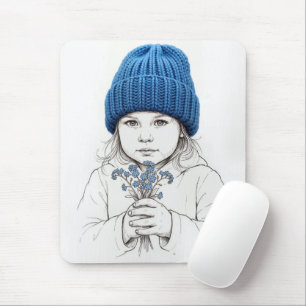 Kleines Mädchen in blauer Mütze mit Vergissmeinnic Mousepad