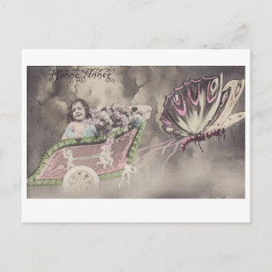 Kleines Mädchen in Butterfly Chariot Vintage Postk Postkarte