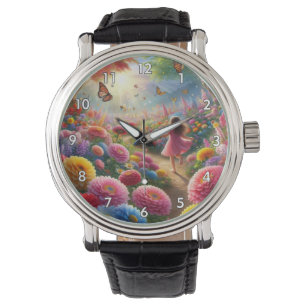 Kleines Mädchen in einem Feld der Blume und Schmet Armbanduhr