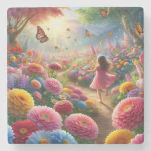 Kleines Mädchen in einem Feld der Blume und Schmet Steinuntersetzer