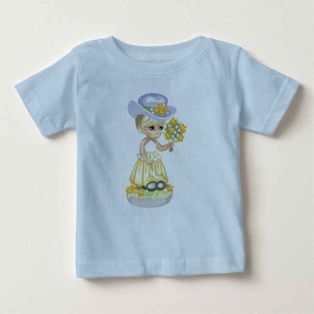 Kleines Mädchen in Gelben Osterkleid Holding Blume Baby T-shirt (Vorderseite)