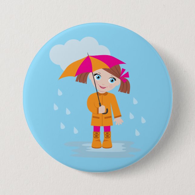 Kleines Mädchen in orangem Regenmantel mit rosa Re Button (Vorderseite)