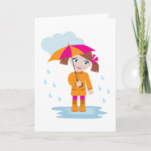Kleines Mädchen in orangem Regenmantel mit rosa Re Karte