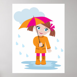 Kleines Mädchen in orangem Regenmantel mit rosa Re Poster