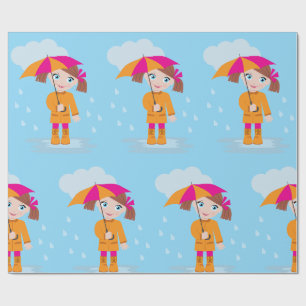 Kleines Mädchen in orangem Regenmantel mit rosa Sc Geschenkpapier