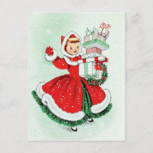 Kleines Mädchen in rotem Kleid mit Weihnachtsgesch Postkarte