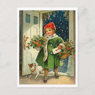 Kleines Mädchen kommt an Heiligabend mit ihrem Hun Postkarte