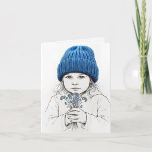 Kleines Mädchen mit blauem Strickhut Dankeskarte