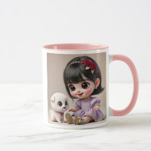 Kleines Mädchen mit Blumenballen und ihrem weißen Tasse