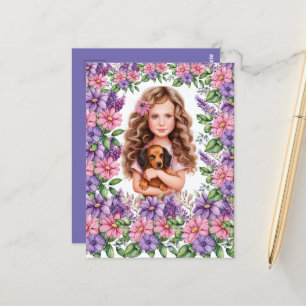 Kleines Mädchen mit Dackel Welpe Postkarte