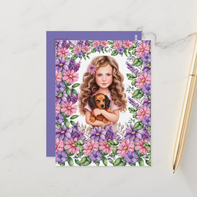 Kleines Mädchen mit Dackel Welpe Postkarte (Vorderseite/Rückseite Beispiel)