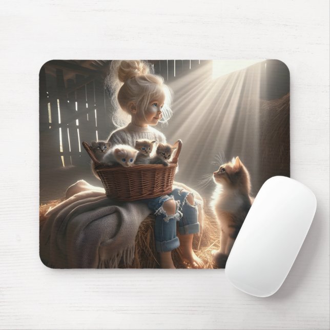 Kleines Mädchen mit einem Körbchen Kätzchen Mousepad (Mit Mouse)
