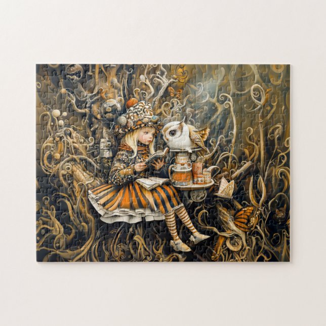 Kleines Mädchen mit Eule in einem Baumwurzelhaus Puzzle (Horizontal)