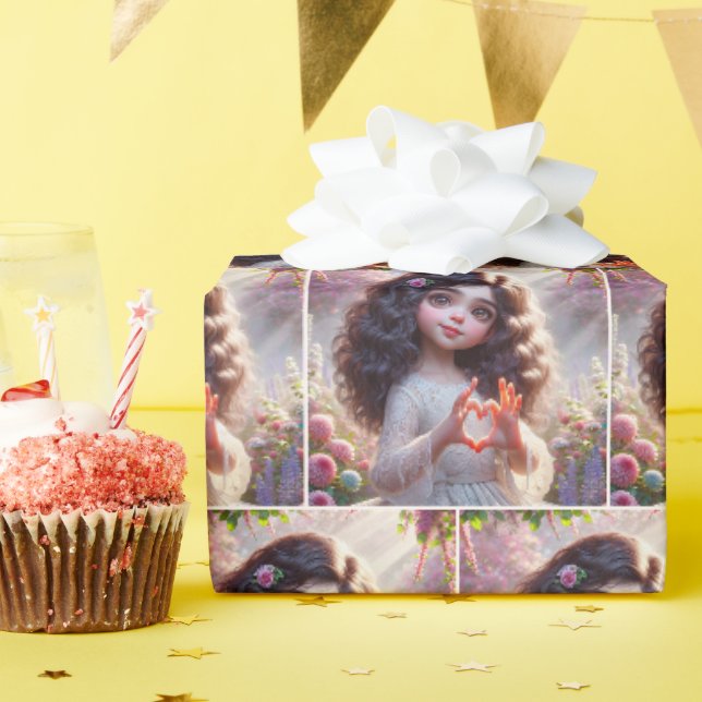 Kleines Mädchen mit Fingern, die ein Herz formen Geschenkpapier (Geburtstagsparty)