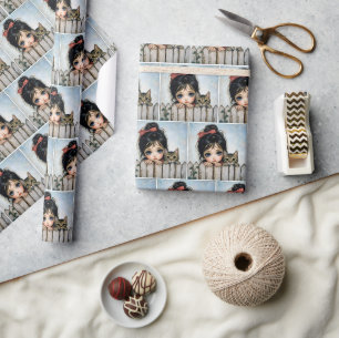 Kleines Mädchen mit großen Augen und Haustierkatze Geschenkpapier