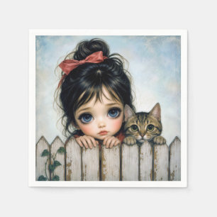 Kleines Mädchen mit großen Augen und Haustierkatze Serviette