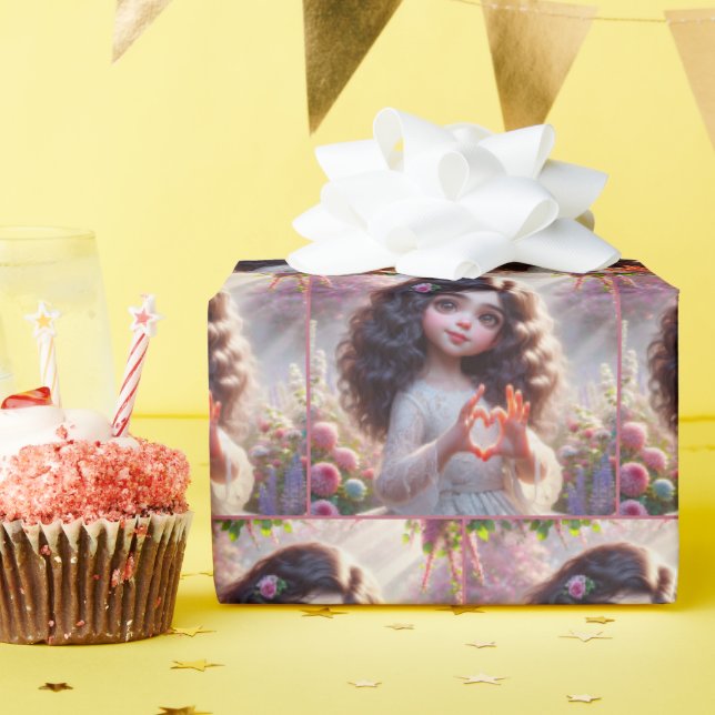 Kleines Mädchen mit Herzzeichen Geschenkpapier (Geburtstagsparty)
