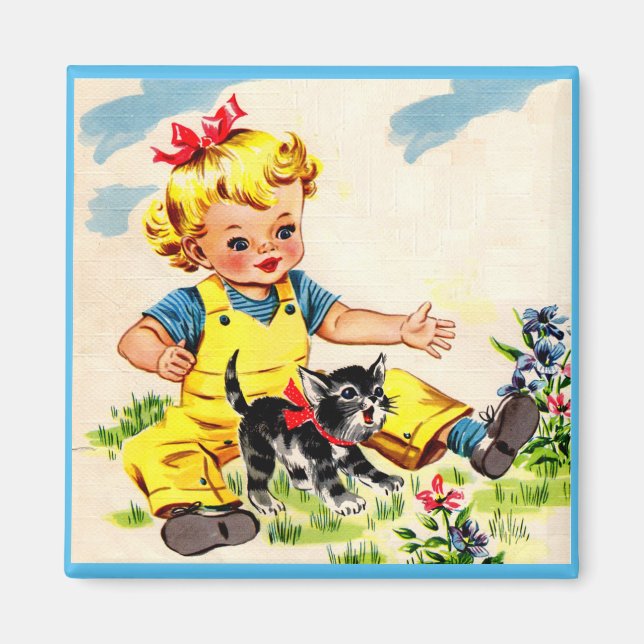 Kleines Mädchen mit hübschem Kätzchen Magnet (Vorne)