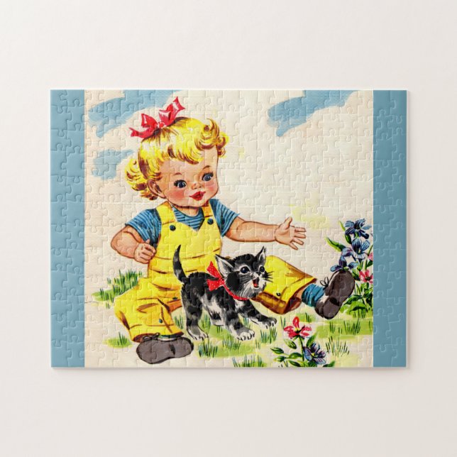 Kleines Mädchen mit hübschem Kätzchen Puzzle (Horizontal)